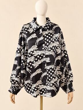 First Love by Lovelyn Black & White Tiger Polka Dot Novelty Blouse Size M